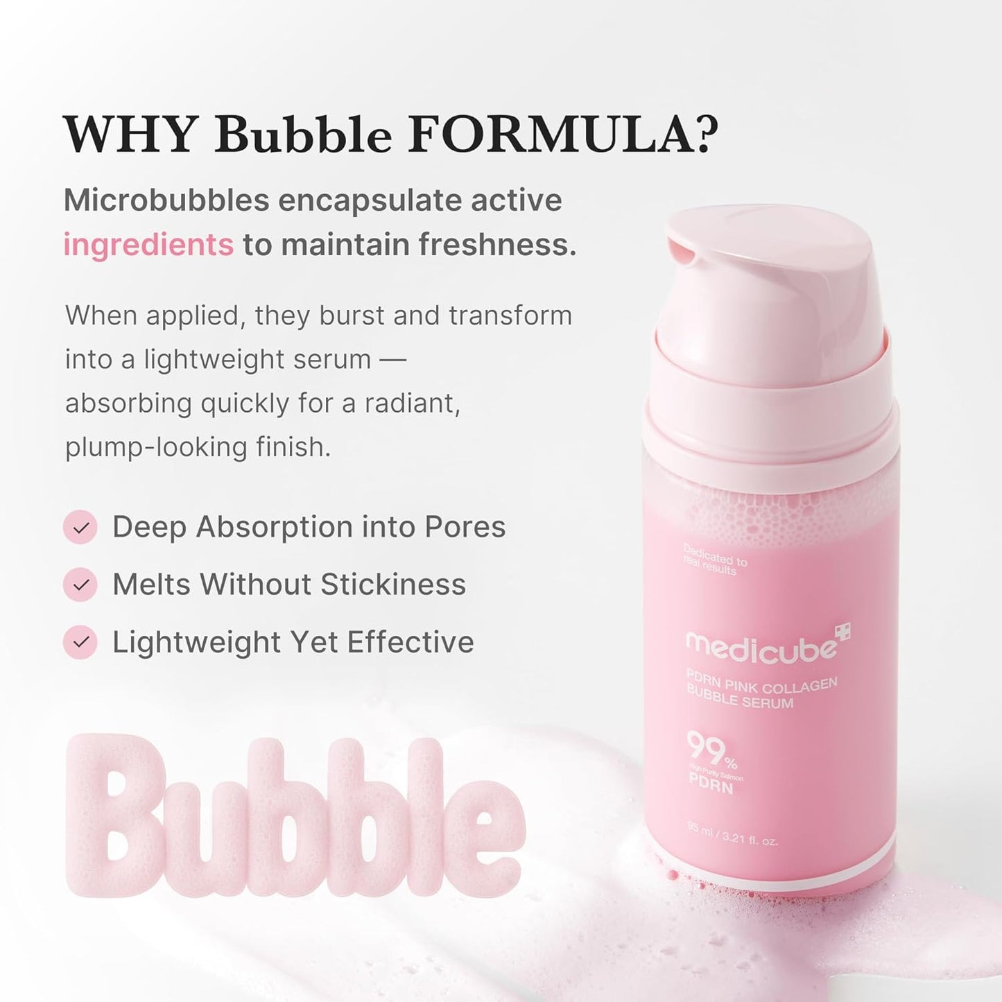 PDRN Pink Collagen Bubble Serum | Bubble-To-Glow Firming Serum with 99% Purity PDRN & Low-Molecular Collagen | Lightweight, Fast-Absorbing Bubble Texture for Radiant, Plump Skin | 3.21 Fl.Oz