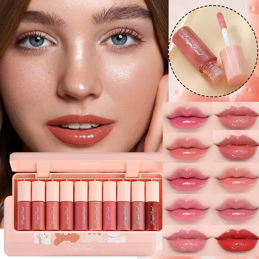Set of 10 Fine Shimmer Lip Glosses, Easy-To-Apply Lip Glaze, Non-Stick, Non-Fading, Moisturizing, Shiny Lip Gloss, Glass Lip Gloss with Fine Shimmer and Pearlescent Effect