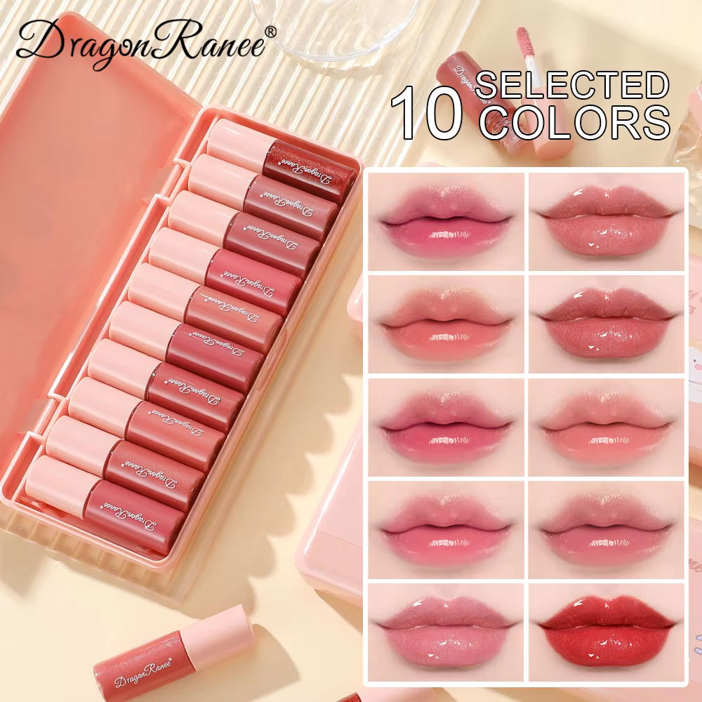 Set of 10 Fine Shimmer Lip Glosses, Easy-To-Apply Lip Glaze, Non-Stick, Non-Fading, Moisturizing, Shiny Lip Gloss, Glass Lip Gloss with Fine Shimmer and Pearlescent Effect