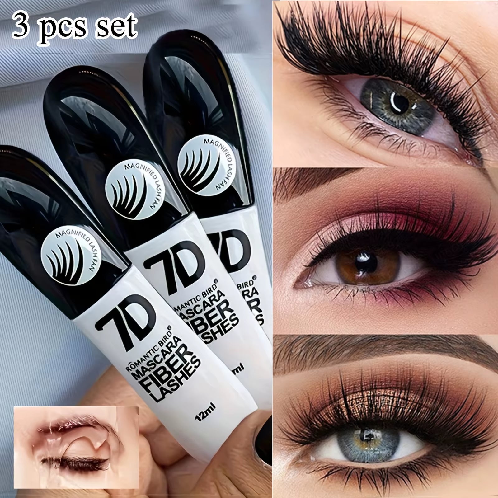 1/2/3PCS 7D Fiber Mascara Set Waterproof Durable Curling Mascara Sweatproof Anti-Smudge Slimming Base Mascara for All Skin Types