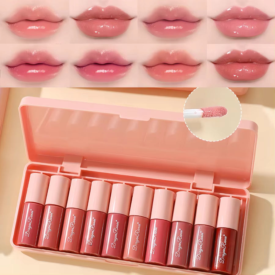 Set of 10 Fine Shimmer Lip Glosses, Easy-To-Apply Lip Glaze, Non-Stick, Non-Fading, Moisturizing, Shiny Lip Gloss, Glass Lip Gloss with Fine Shimmer and Pearlescent Effect